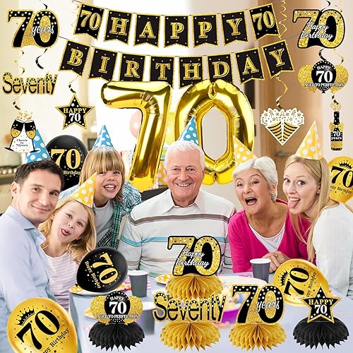 Miniatura 5 de Kit de 36 decoraciones de cumpleaños número 70 para hombres y mujeres, pancarta de feliz cumpleaños número 70, globo de panal de abeja, suministros