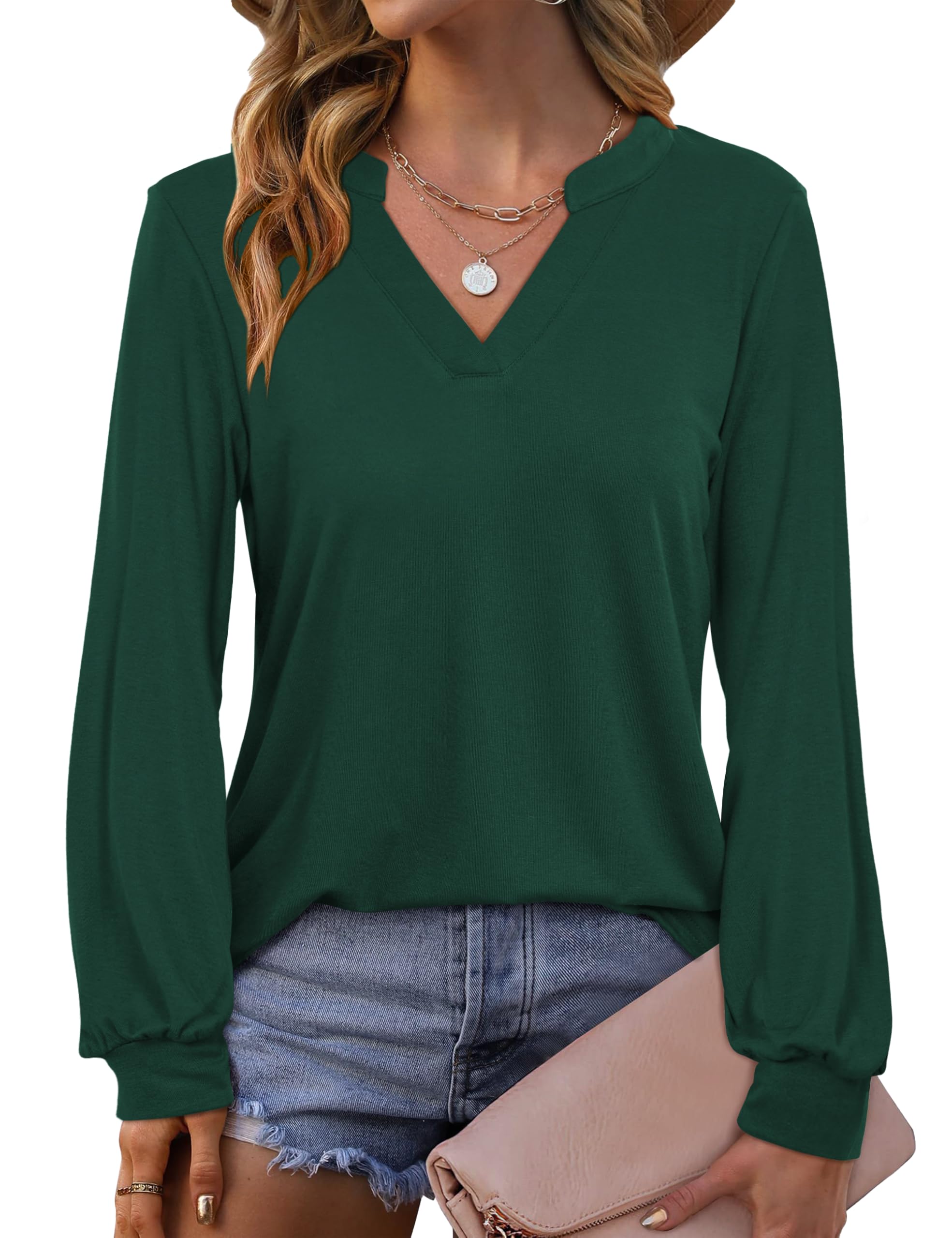 Beluring Langarmshirt Damen Elegante V Ausschnitt Tunika Blusen Lose Tshirt Grün XL