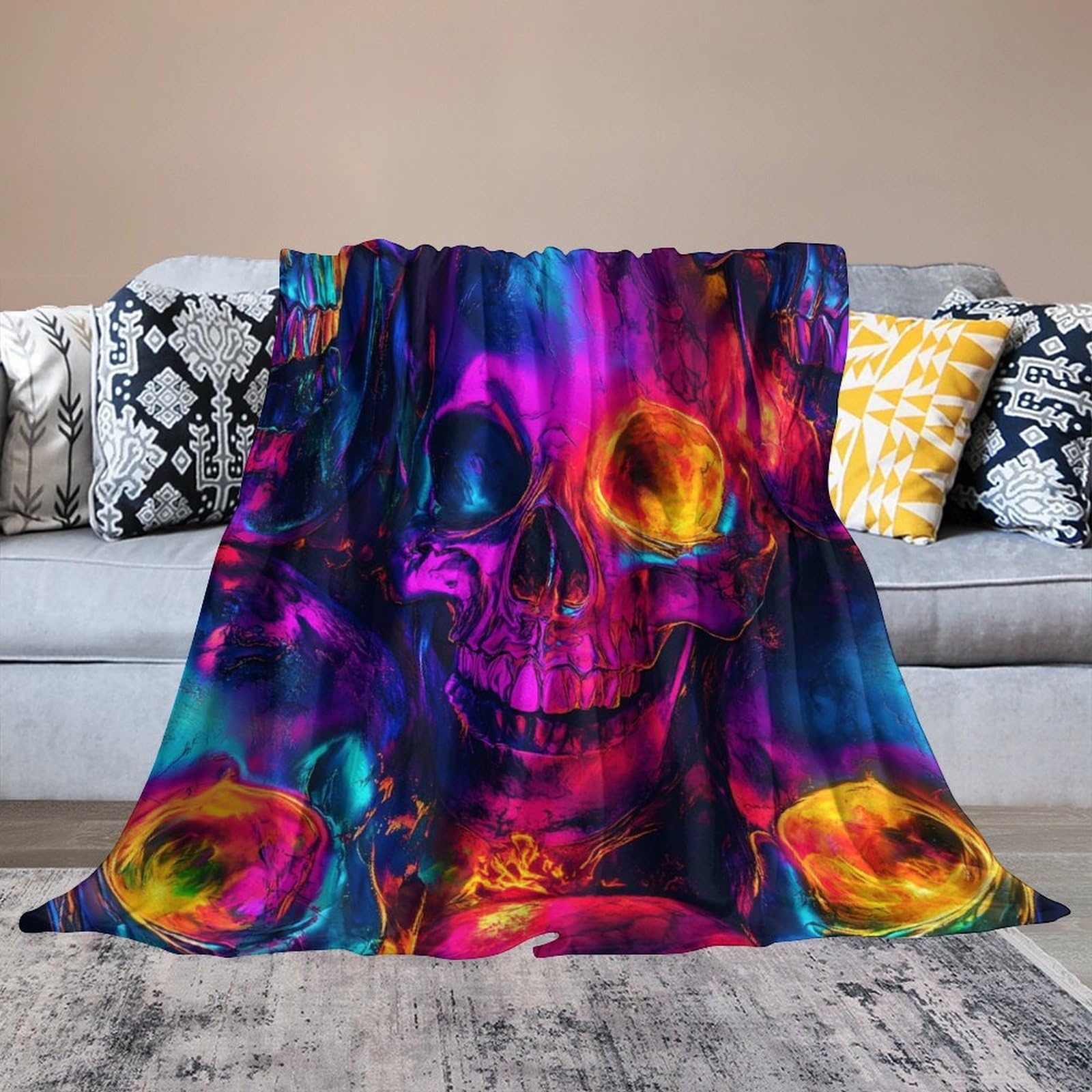 Coperta leggera con teschi colorati al neon per letto, divano, morbida flanella coperta grande calda in peluche 127 x 178 cm