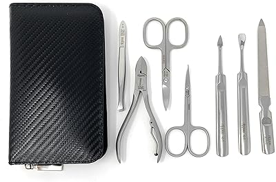 7-Piece Luxury German Manicure Pedicure Set Premium Stainless Steel Grooming Kit Hand Made in Solingen Germany in Genuine Cowhide Leather Case with Bonus Shpitser Crystal Glass Professional Nail File