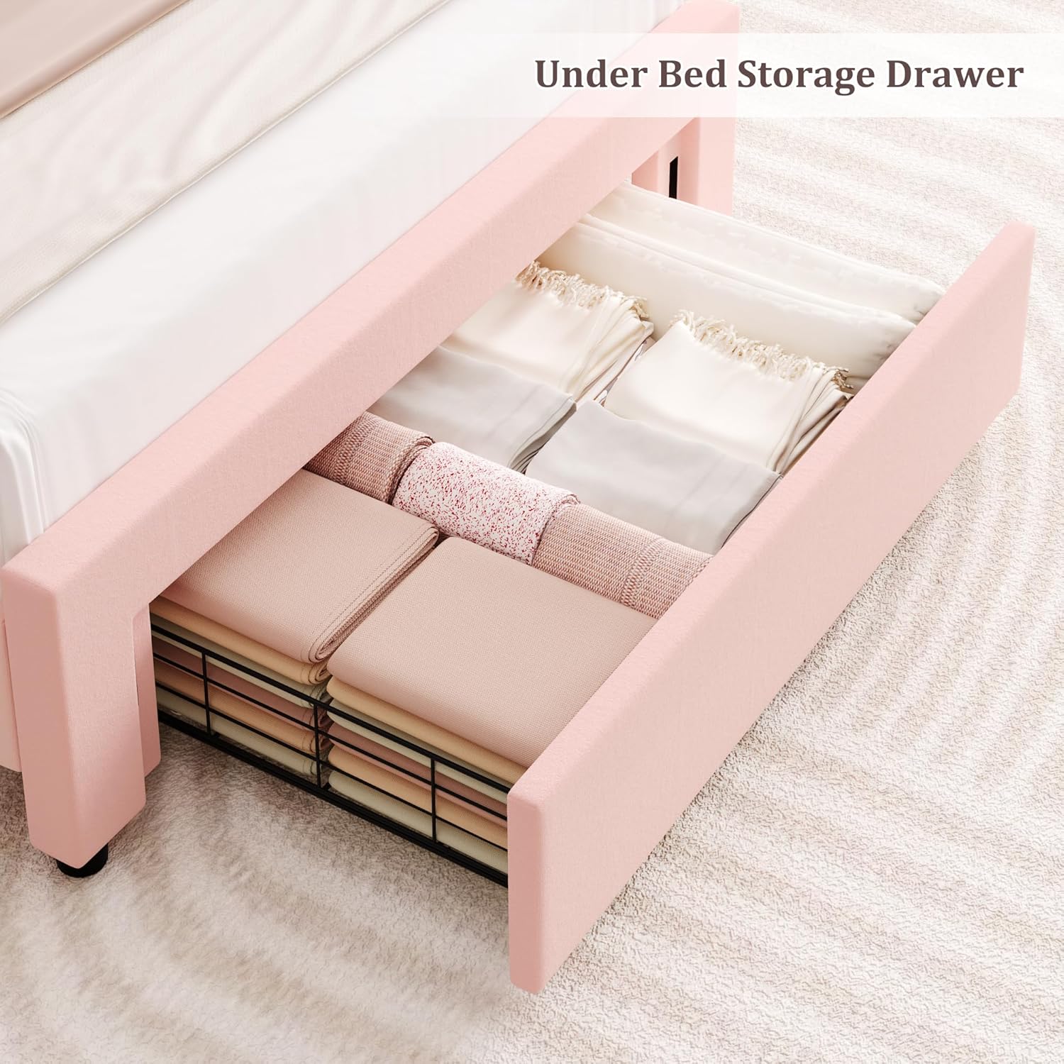 HITHOS Upholstered Twin Led Bed Frame with Charging Station and Storage Drawer, Velvet Princess Platform Bed Frames with Crystal-Button Tufted Headboard for Girls | Kids, No Box Spring Need, Pink