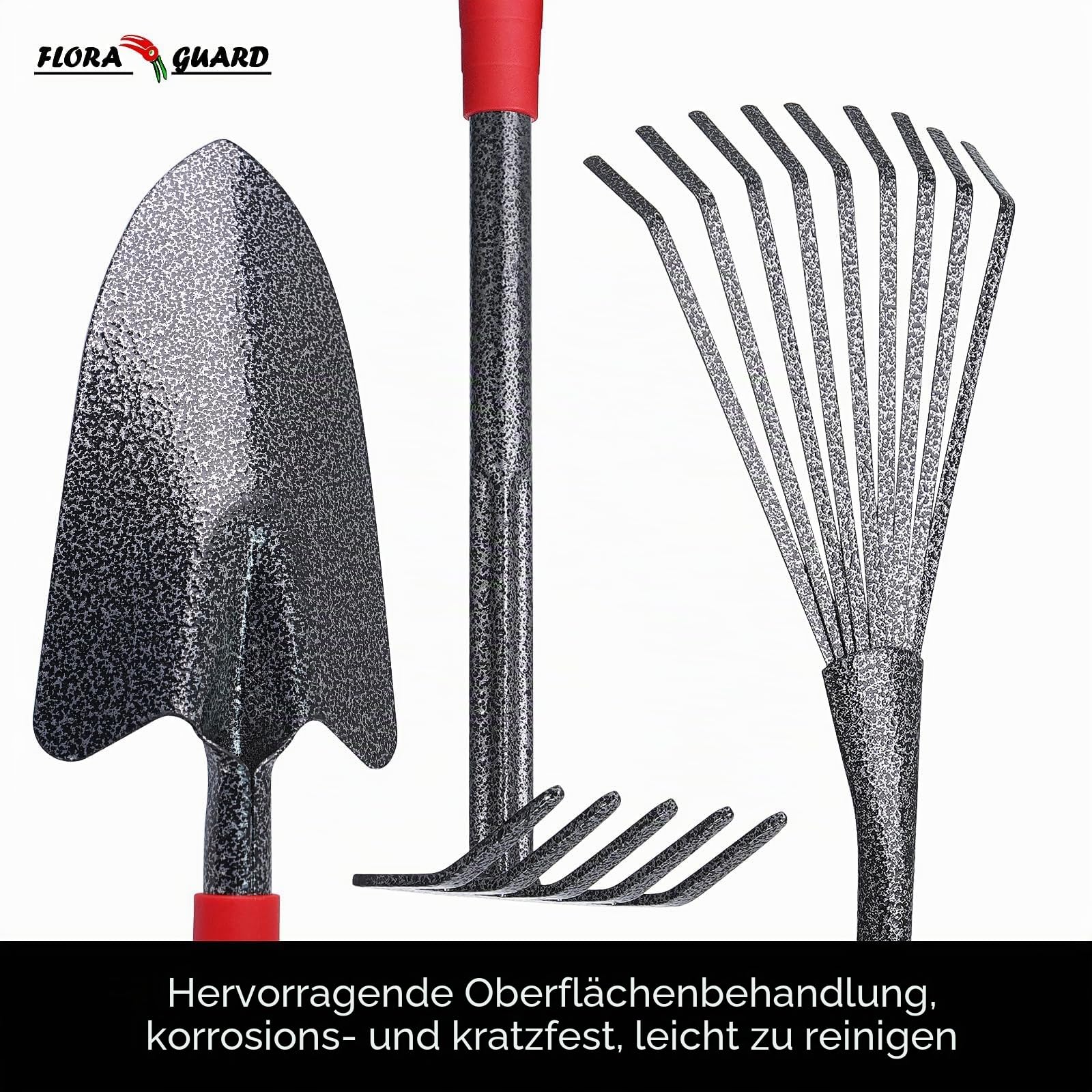 FLORA GUARD 6-teiliges Gartenwerkzeug Set, Gartengeräte Set mit Unkrautstecher, Kelle, Handrechen, Hacke & Kultivator aus Kohlenstoffstahl, Garten Handwerkzeug Set für Pflanzenpflege und Bodenarbeit