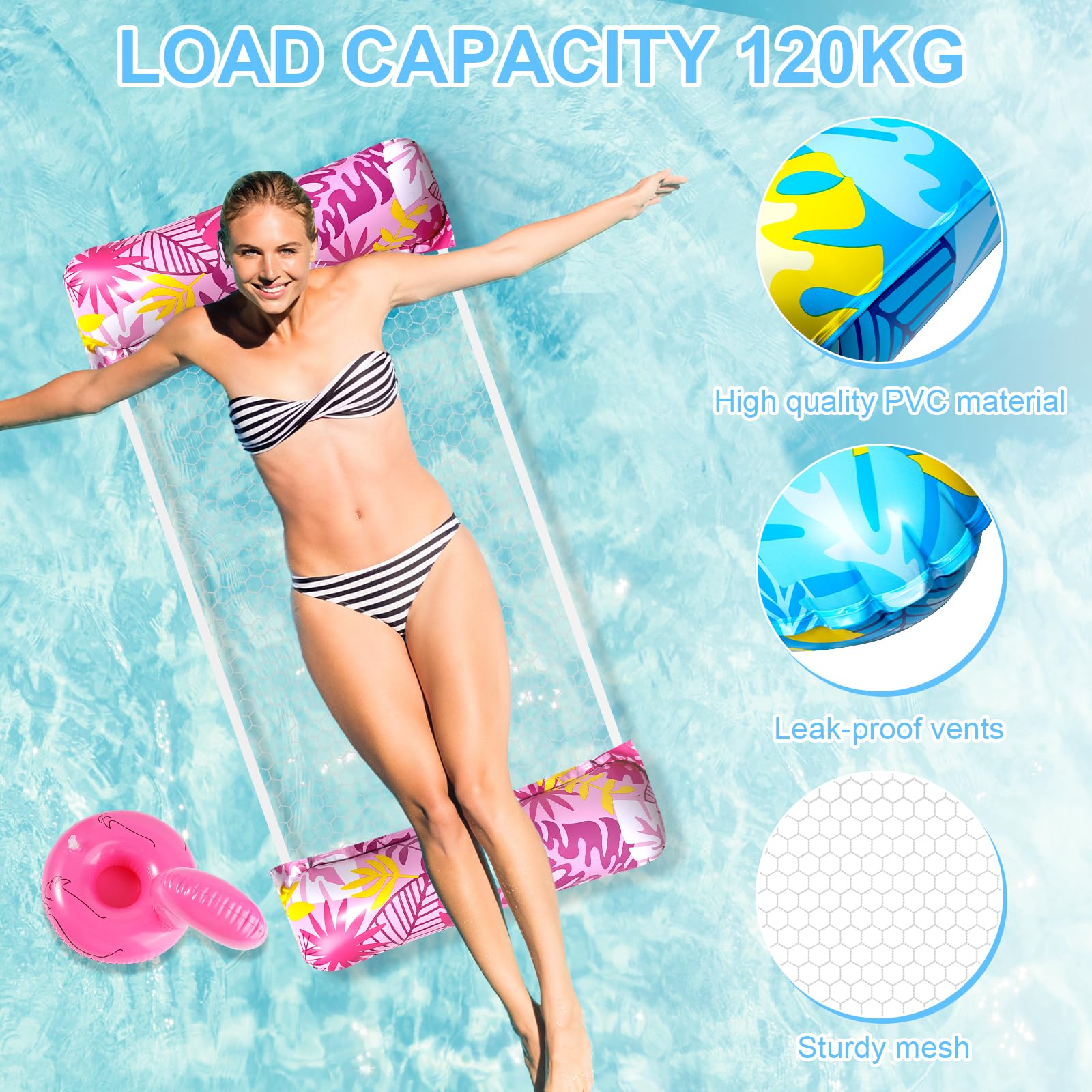 3PCS Inflatable Pool Floats Swimming Pool Inflatables for Adults 4 IN 1 Floats Hammock with 1 Air Pumps and 1 Coaster Water Hammock Inflatable Pool Chair Inflatable Pool Toys for Beach Summer Holiday - Image 3