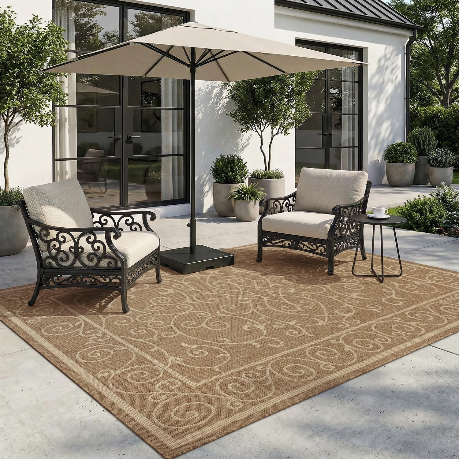Outdoor Rug-Patio Rug Polypropylene Indoor Outdoor Carpet 5x7ft Porch Balcony Carpets Garden Deck Mat Easy Clean Non Slip Light Weight Vintage Clouds Outdoor Area Rug Retro Brown&Beige