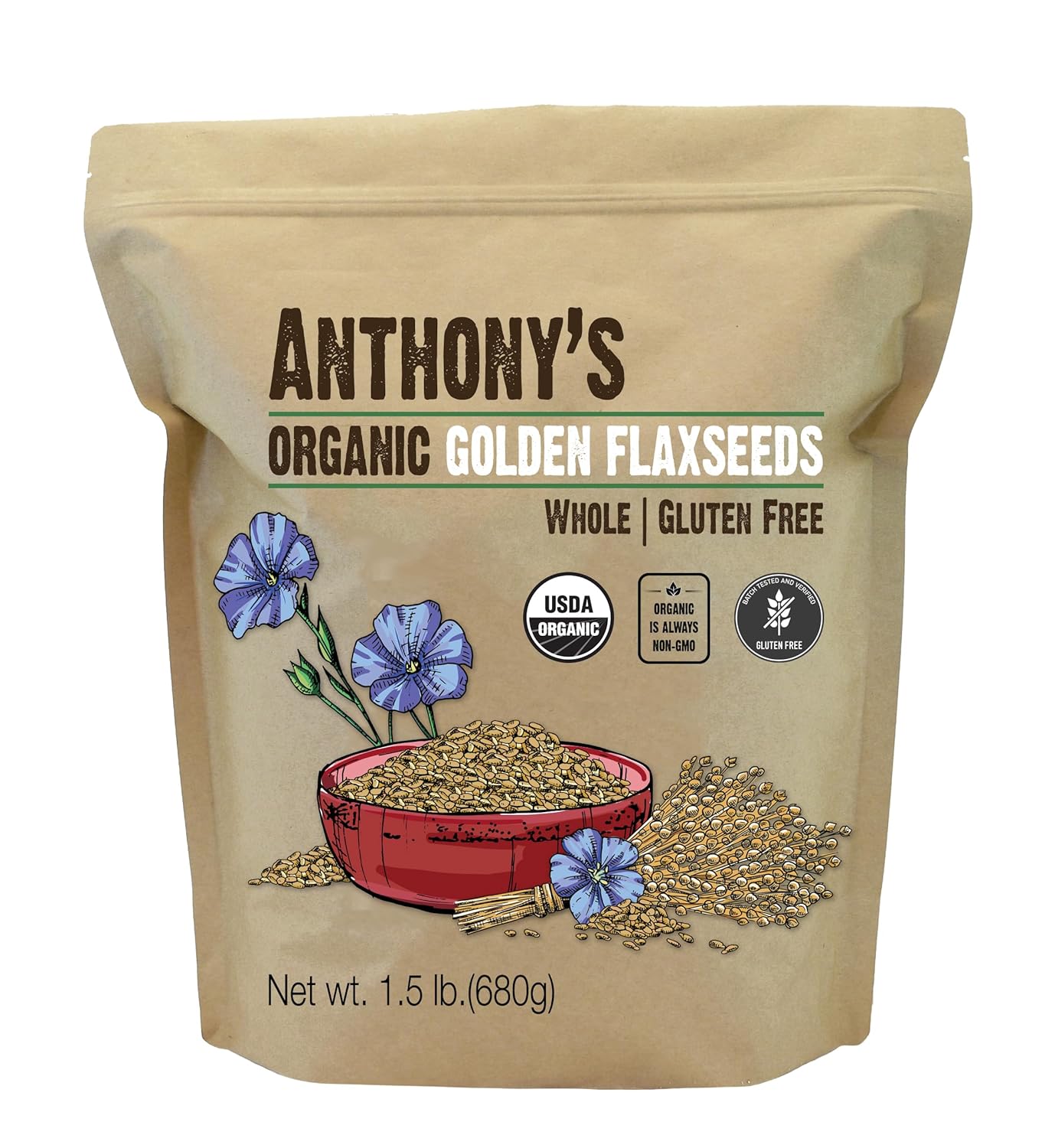 Anthony’s Organic Whole Golden Flaxseeds, 1.5 lb, Gluten Free, Non-GMO, Vegan Anthony’s Organic Whole Golden Flaxseeds, 1.5 lb, Gluten Free, Non-GMO, Vegan