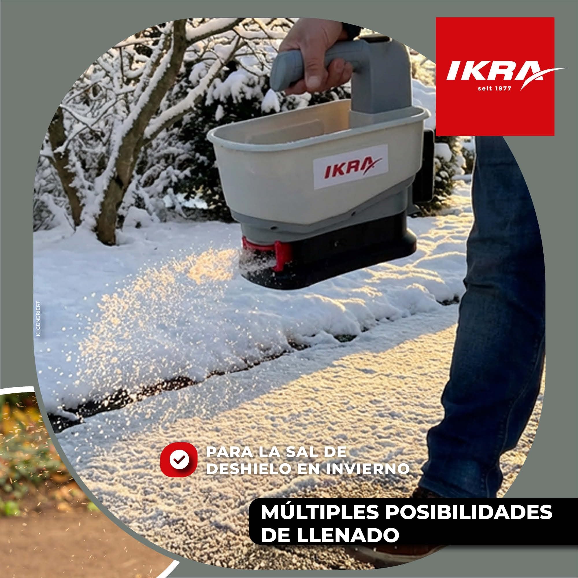 IKRA esparcidor IAST 12, ancho de esparcimiento 5m, incl batería y cargador | Esparcimiento eficaz de fertilizantes, sal para carreteras, semillas y pienso, gama de baterías de 12 V de IKRA