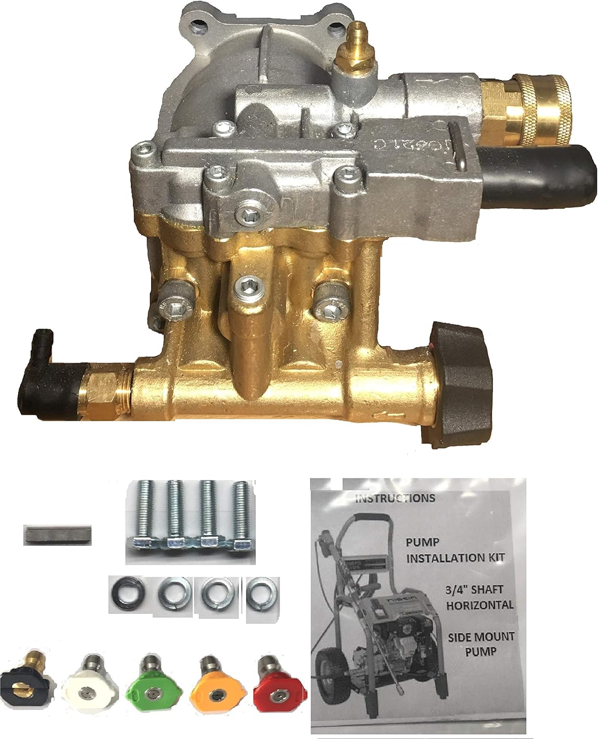 Bonus PAC 5 Tips + Brass Head Horizontal W/Quick Coupler Socket 3100 PSI Pressure Washer Pump KIT 3/4" Shaft Replaces Delta,Husky GENERAC EXCELL DEVILBIS RIDGID BLACKMAX Husky Simpson Troy-BILT
