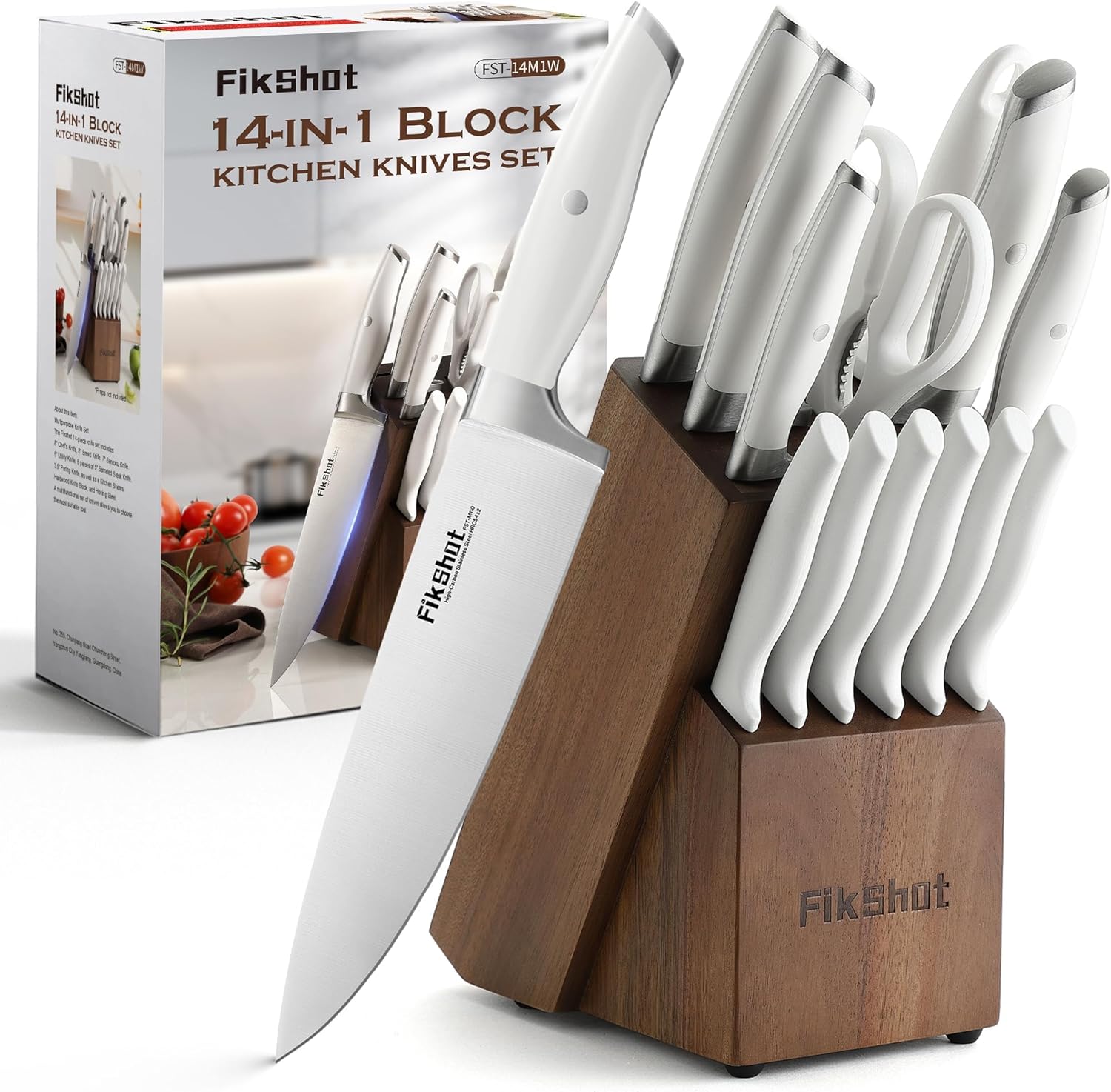 Knife Set 14-Piece Professional Chef Knives with Block and Sharpener, Elegant White Stainless Steel for Small Apartments, Modern Kitchens and Rental Homes, Dishwasher-Safe, Gift for Chefs