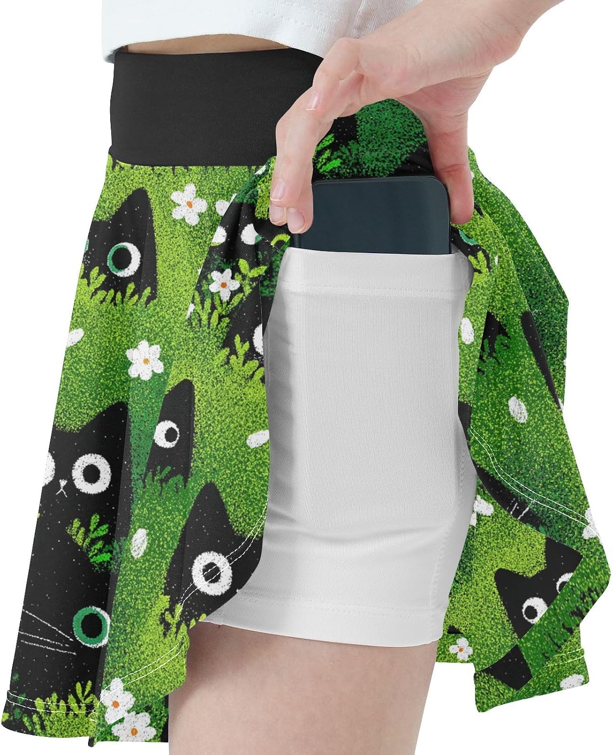 visesunny Green Fuzzy Cats Girl's Golf Skirt Athletic Tennis Skort Sport Activewear with Double Layer Pockets