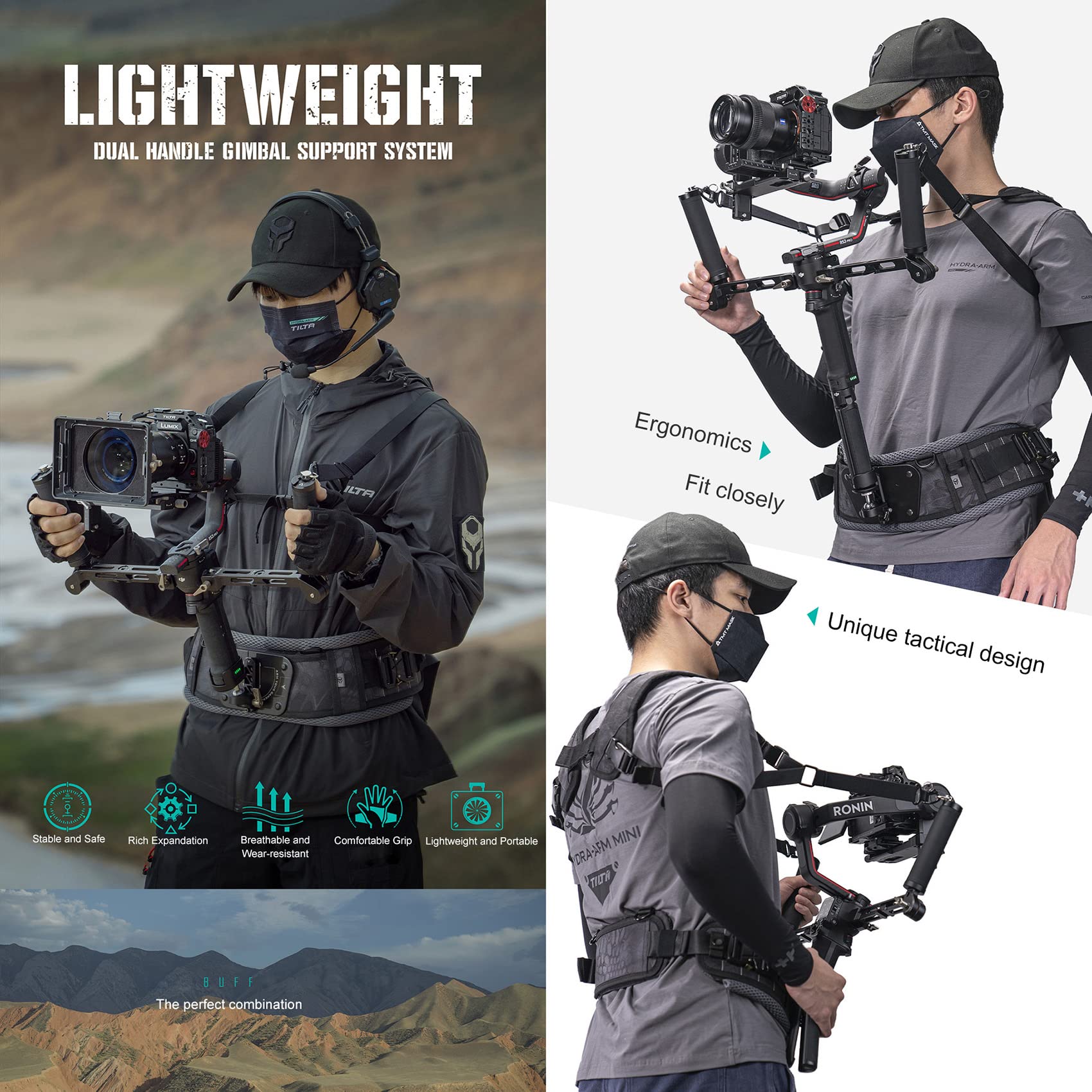 TILTA GSS-T04-DHB2-TK Quick Release Lightweight Dual Handle Gimbal Support System Shoulder Support for DJI Ronin RS2 / RS3 PRO / RS3 3-Axis Gimbal Stabilizer - Image 3