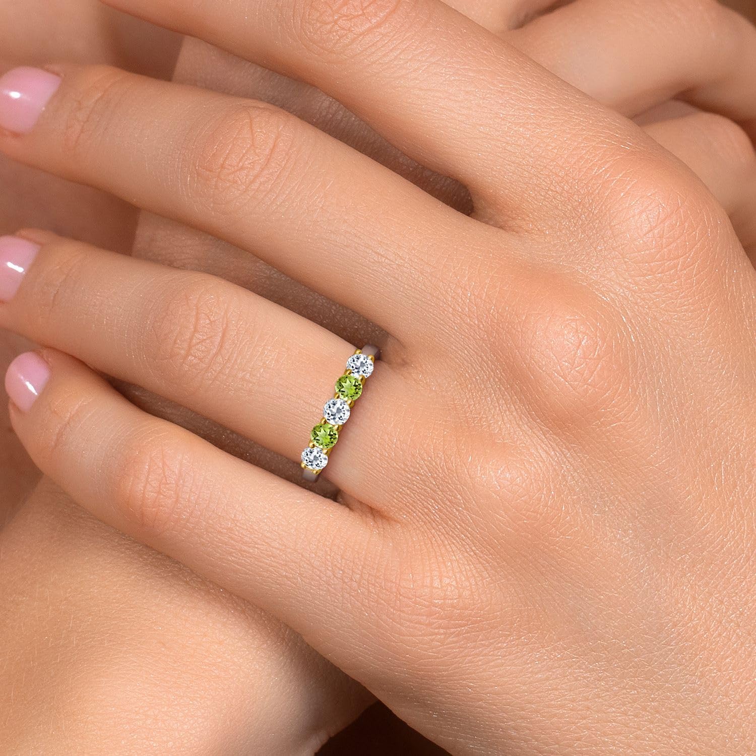 Gem Stone King 925 Silver and 10K Yellow Gold White Topaz and Green Peridot Wedding-Bands Ring For Women | 1.06 Cttw | Round 3.5MM | Gemstone November Birthstone - Image 4