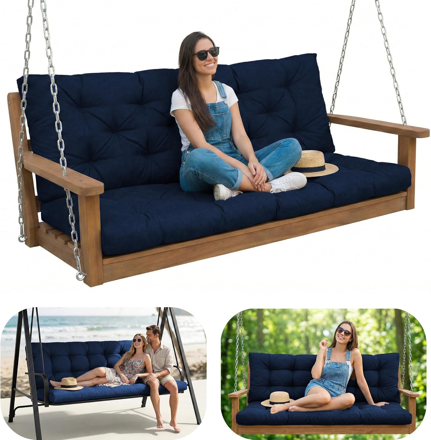 Porch Swing Cushions, Waterproof Swing Cushions Replacement with Backrest, Outdoor Swing Bench Cushions 2-3 Seater Replacement for Patio Furniture (Navy Blue, 48"x40")