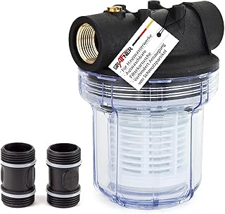 Grafner Vorfilter für Hauswasserwerke und Gartenpumpen, mit Filtereinsatz, platzsparende Ausführung, 1“ IG und 2x 1“ AG Adapter, 5,5 bar, 3000 l/h, Filter Pumpe