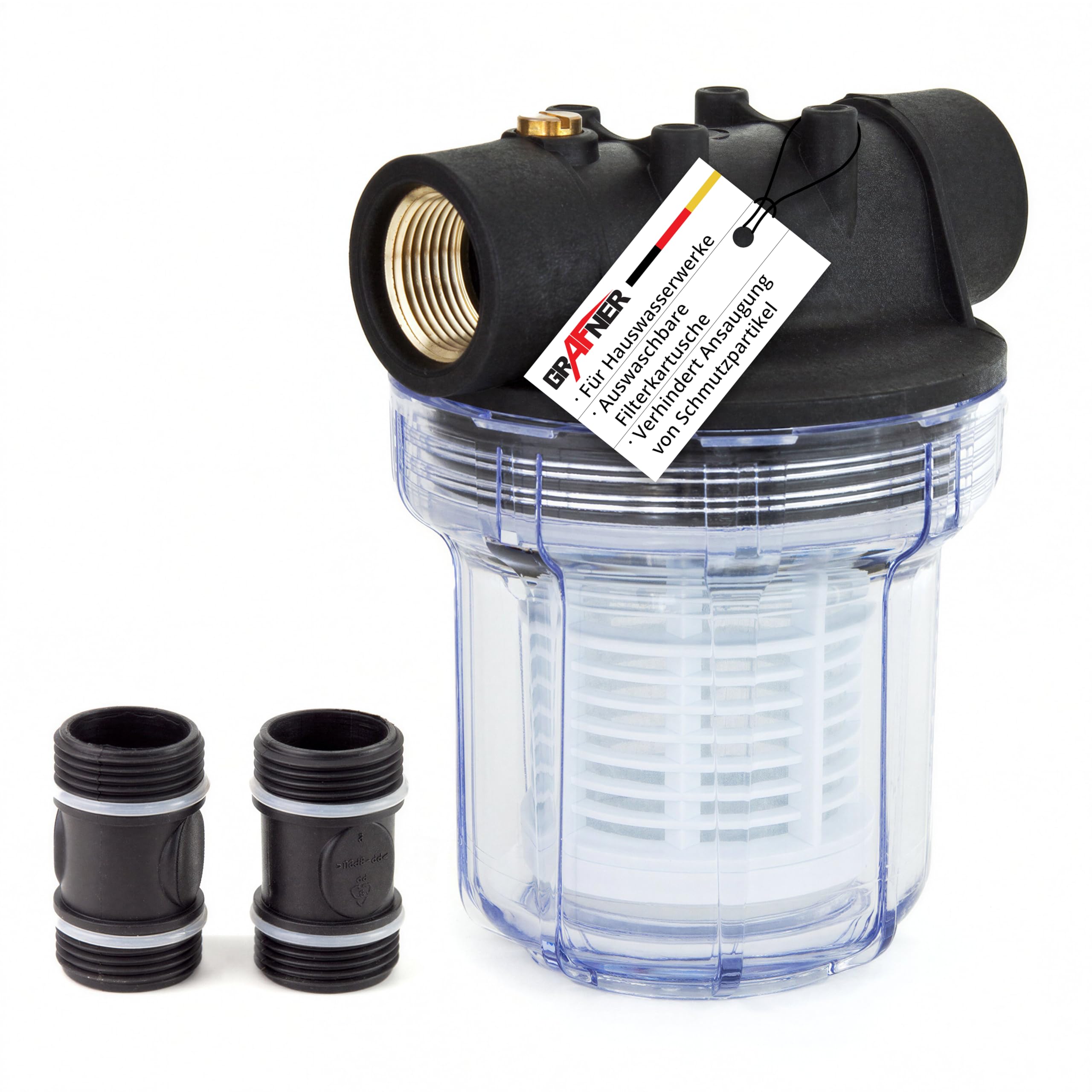 Water Voorfilter Tuinpomp Grafner Voorfilter Voor Waterleidingen En Tuinpompen - 1 IG Aansluiting, 5,5 Bar, 6000 L/u, Incl. 2 Adapters En Filterinzetstuk Torus Filter