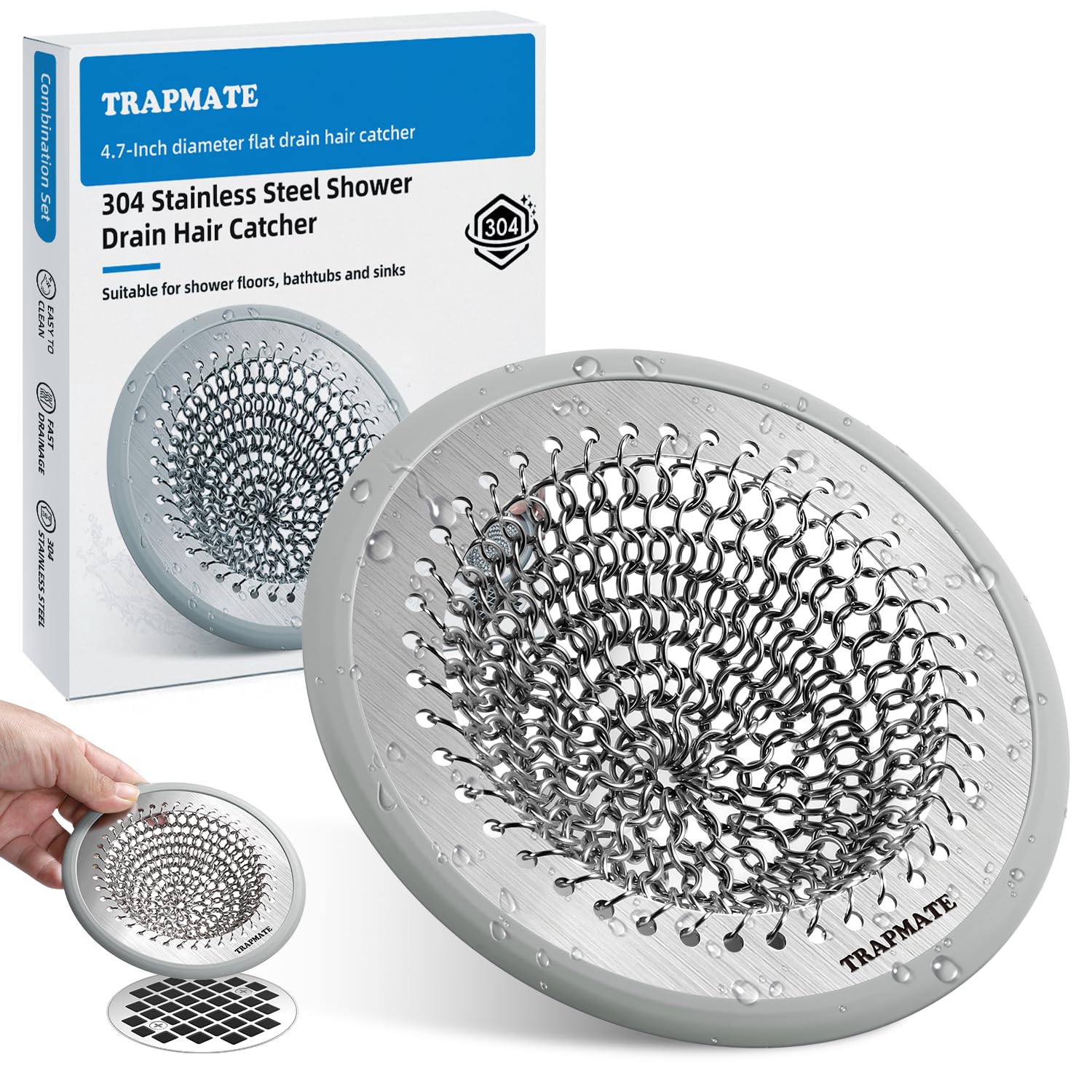 TRAPMATE Shower Drain Hair Catcher, Non-Slip Shower Drain Cover, Anti-Clogging Stainless Steel Drain Protector, Bathroom Accessory for UK Standard Flat Drains of Bathroom (Patented Product)