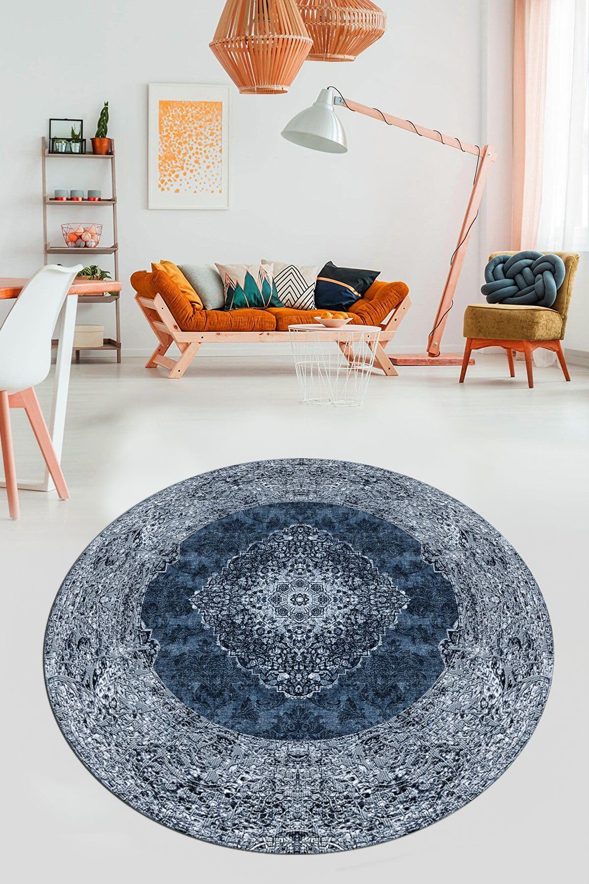 Evdeya Baskılı Kaymaz Yıkanabilir Göbekli Klasik Desen Yuvarlak Salon Halısı Y-KLASİK-07, Mavi, 160 x 160