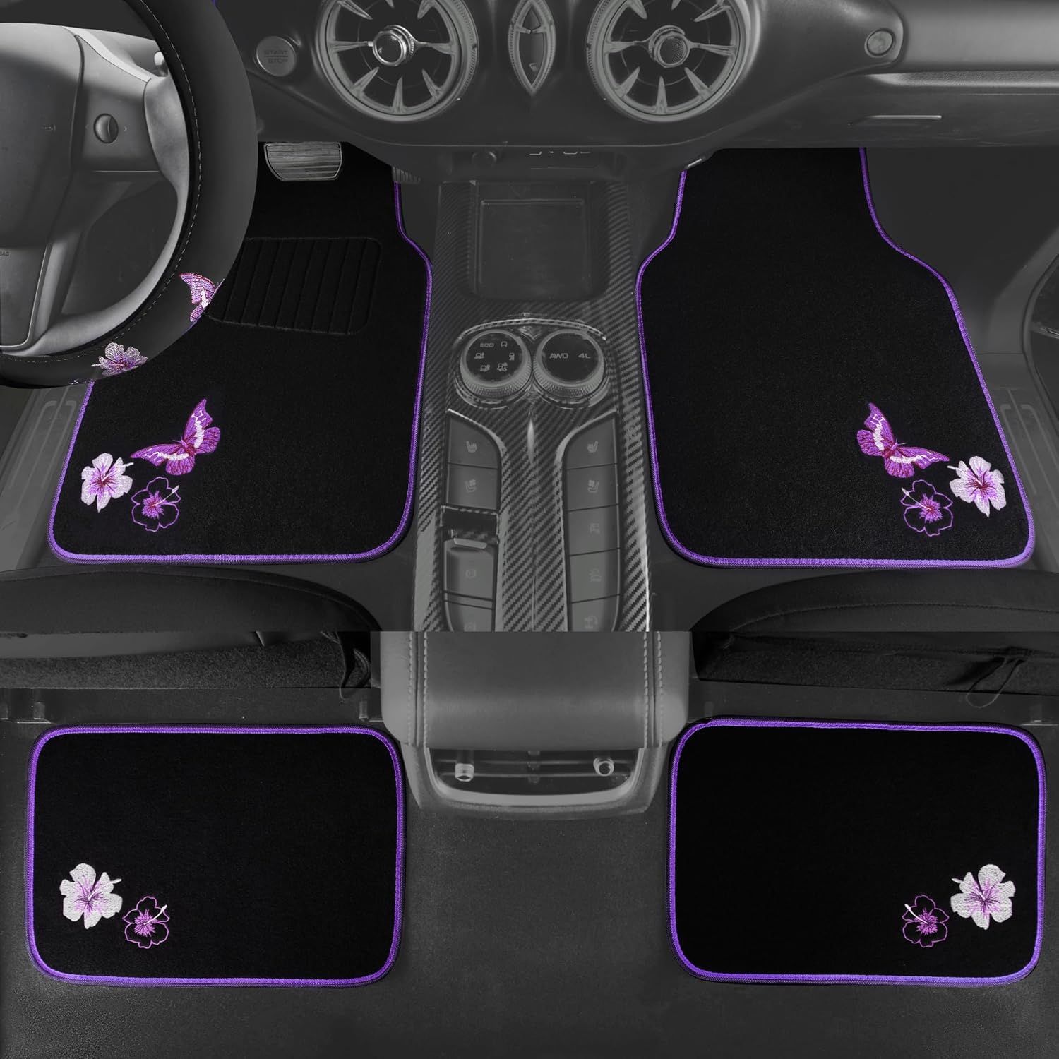 CAR PASS Butterfly Steering Wheel Cover and Waterproof Car Floor Mats,Purple Car Mats 14.5-15inch Steering Wheel Covers Universal Fit for Suvs,Sedans Cars,for Women Girl(Black and Purple) - Image 3