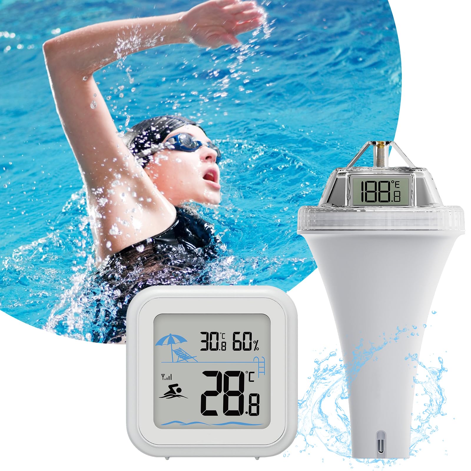 Termometro digitale per piscina, con ampio display | Portata di 60 m, visione a 360°, impermeabile IPX7, sensore ad alta precisione, adatto per piscine, vasche da bagno