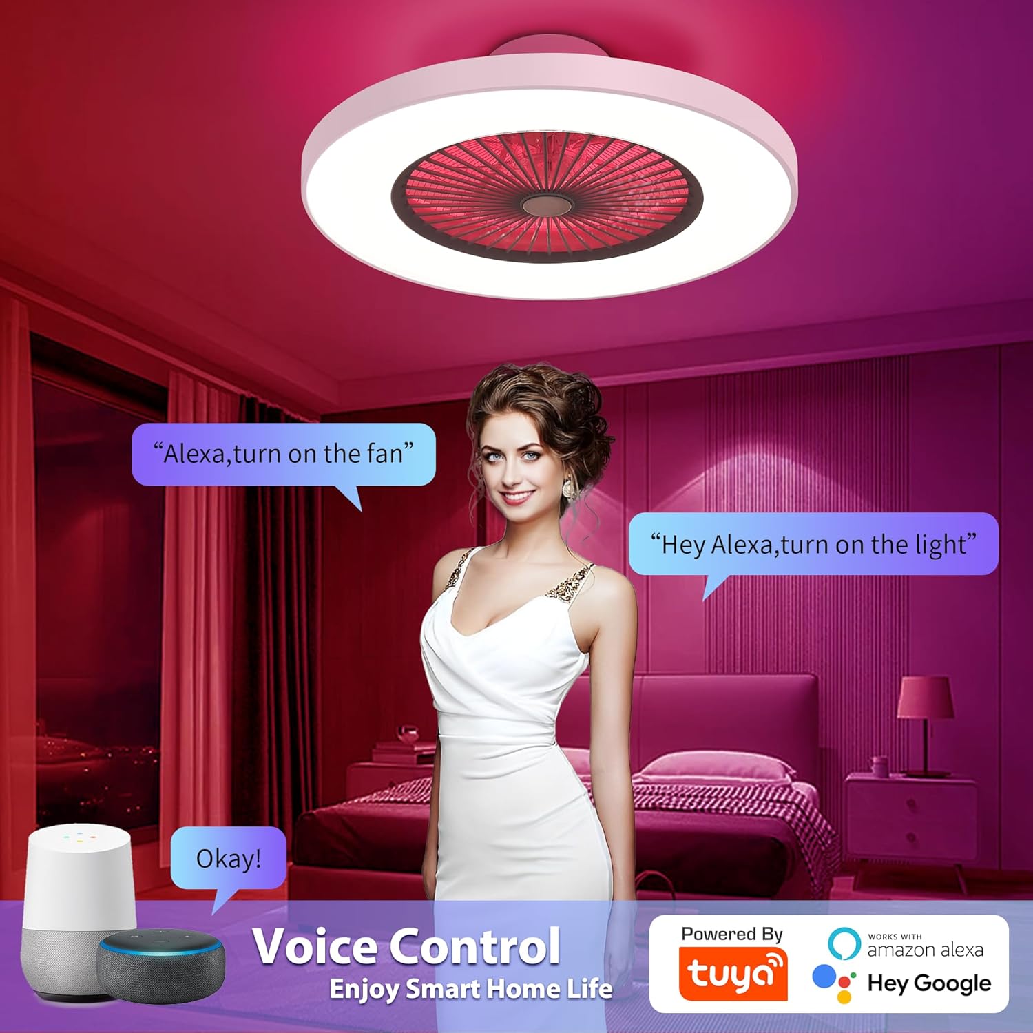 24" Bladeless Ceiling Fan with Light, Smart Low Profile Ceiling Fan with Dimmable Lights,Remote/APP Control, Enclosed Flush Mount Fan Light for Kid's Bedroom & Living Room