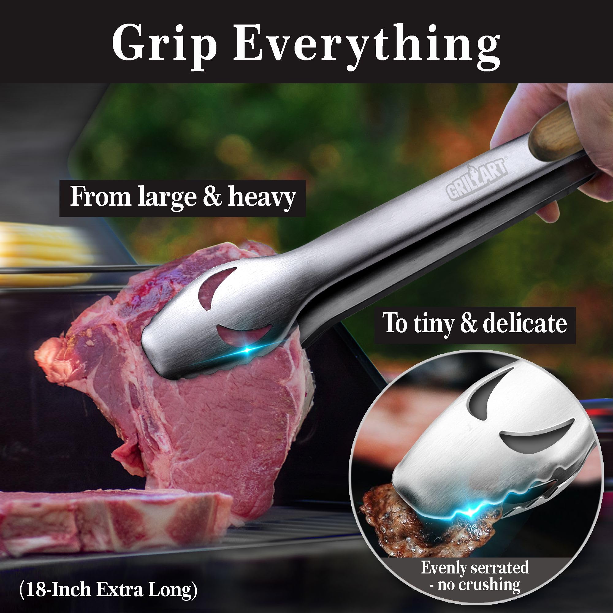 GRILLART Set di strumenti per barbecue – 45,7 cm – Accessori per barbecue con pinze, spatola, forchetta, spazzola – Kit griglia in acciaio inox – idee regalo accessori per barbecue, regali per uomini
