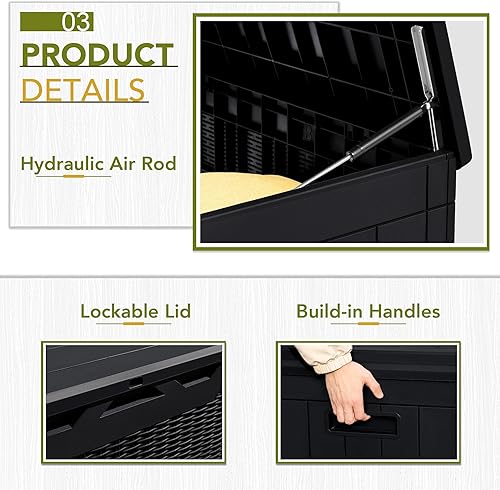 Miniatura 4 de GUNJI Caja de resina de 100 galones con cojín, caja de almacenamiento grande resistente a la intemperie al aire libre, contenedor de almacenamiento