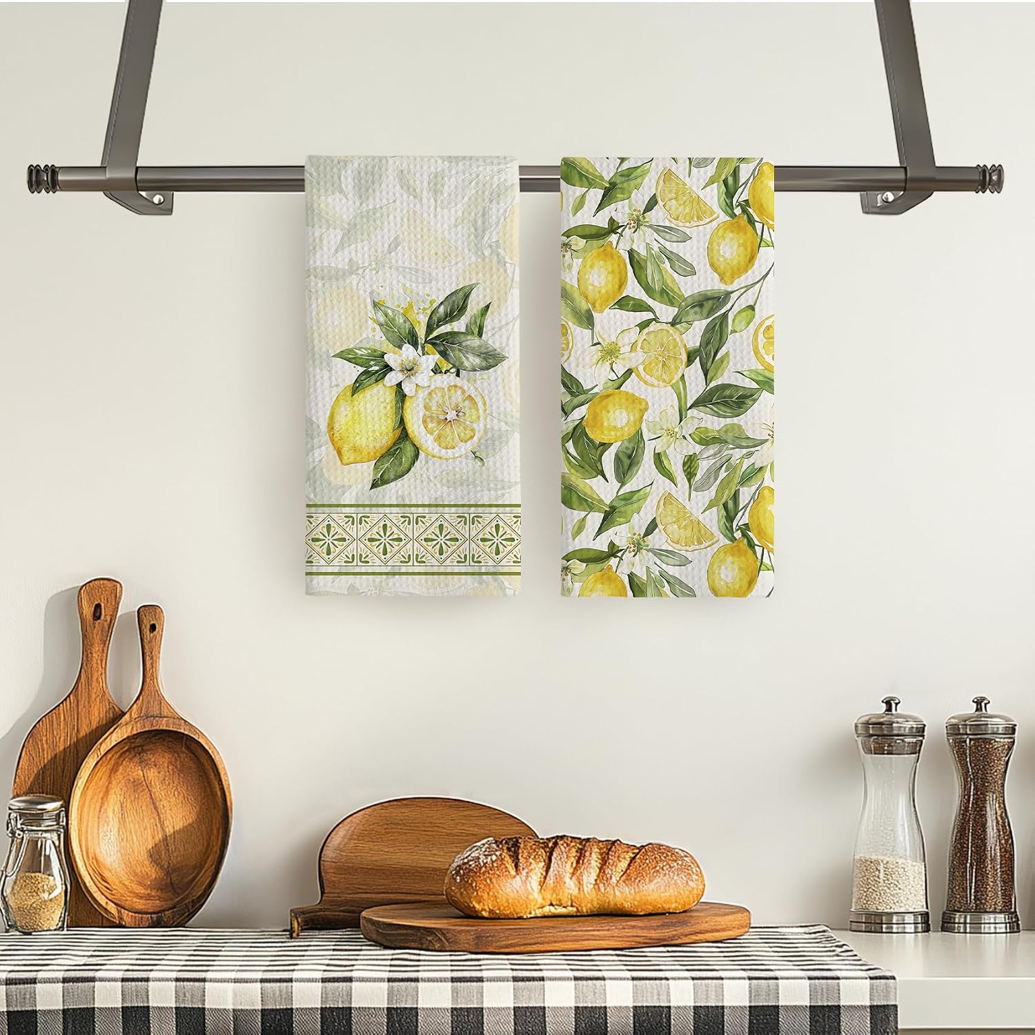 TNUW Yellow Lemon Floral Kitchen Towels 16x24 Inch, Summer Mediterranean Lemon Dish Tea Towels for Kitchen, Italian Tuscan Fruit Flower Leaves Decorative Hand Towel for Bathroom Decor, Set of 2