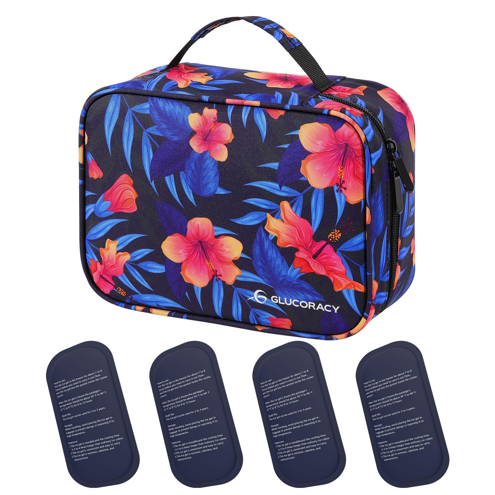 Glucoracy Insulin Cooler Travel Case, Large Medication Cooler Bag with 4 Reusable Ice Packs for Insulin Pens and Diabetic Supplies, Diabetic Care Kits Organizer with Handle Design - Flower Pattern