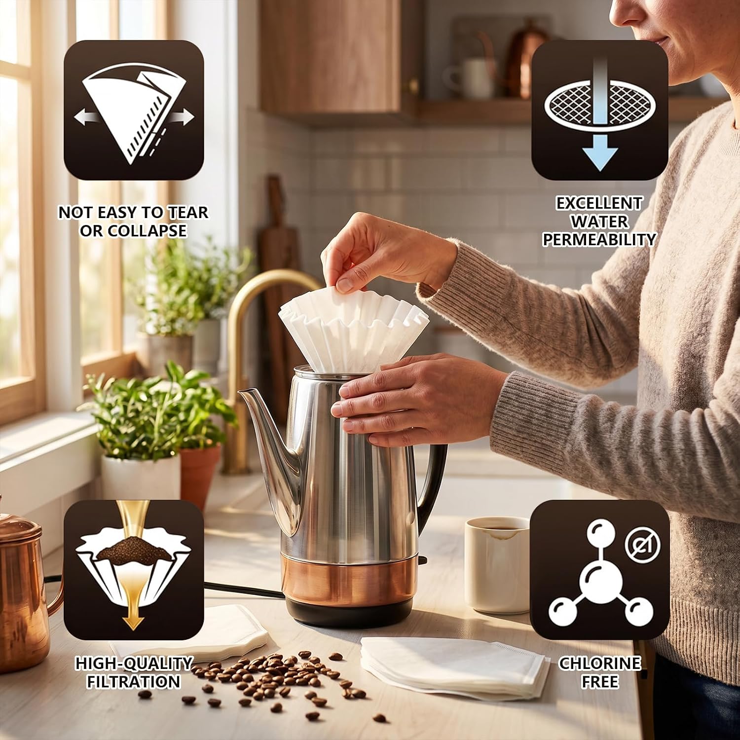 200 Count Percolator Coffee Filters, Disposable Basket Paper Filters for 4‑9 Cup Electric Percolators & Coffee Urns, Compatible with Presto, Farberware, Coletti & Elite Gourmet