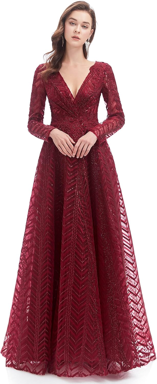 Prom Ball Gown Beaded Applique Long Sleeves Pageant Formal Evening Party Dress
