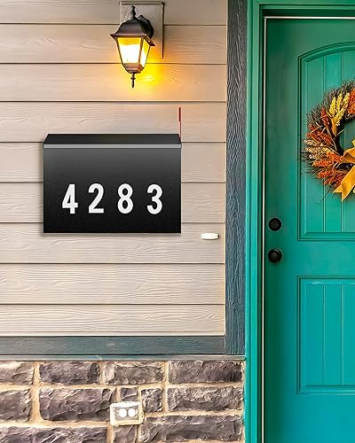 Miniatura 62 de LAND·VOI Buzón de pared con un kit de bandera y tres juegos de calcomanías de números de buzón de 0 a 9, buzones para exterior, buzón de metal Negro