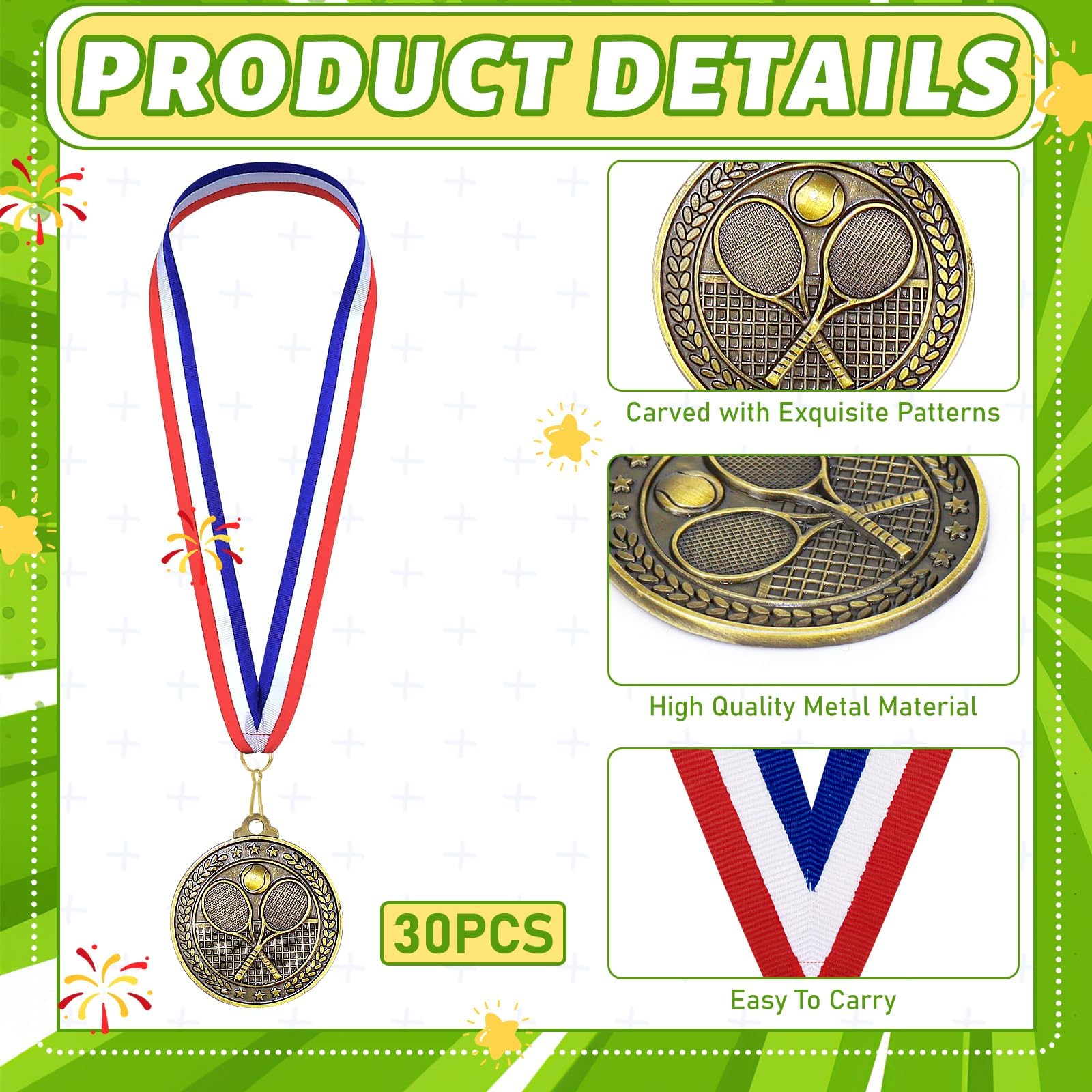 30 medaglie da tennis, 5 cm, medaglie sportive con nastro, medaglie in metallo a tema sportivo per premi, giornata della squadra, tornei, competizioni, regali vincitori, bomboniere