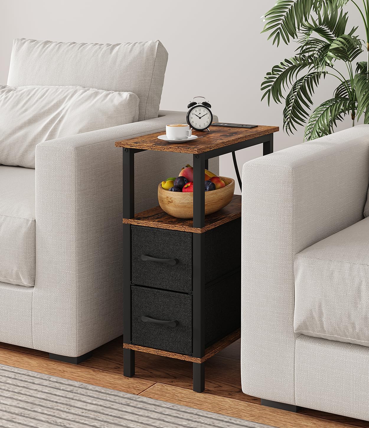 2 Set Narrow Side Table for Small Spaces, Skinny End Table with Charging Station, Sofa Beside Table with 2 Drawers 1 Open Compartment, Slim Nightstand with USB Ports Outlet, Rustic and Brown UTBT004F2