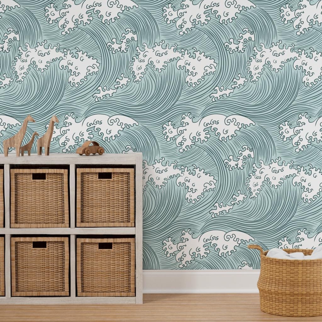 Peel & Stick Wallpaper 3ft x 2ft - Japanese Waves Color Pine Mint Custom Removable Wallpaper by Spoonflower