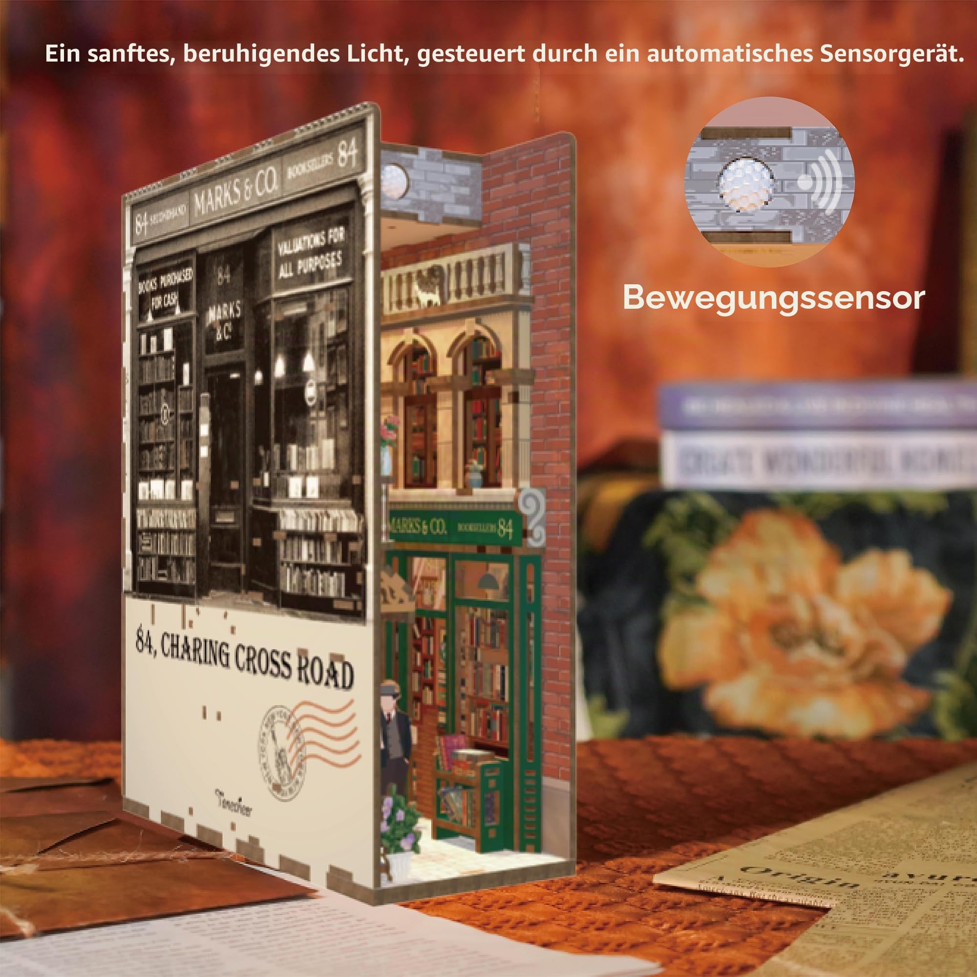 Tonecheer DIY Book Nook Kit Modellbausatz 3D Puzzle aus Holz für Erwachsene zum Baue Puppenhäuser Haus Bastelset mit Licht Personalisierte Geschenke(84 Charing Cross Road)