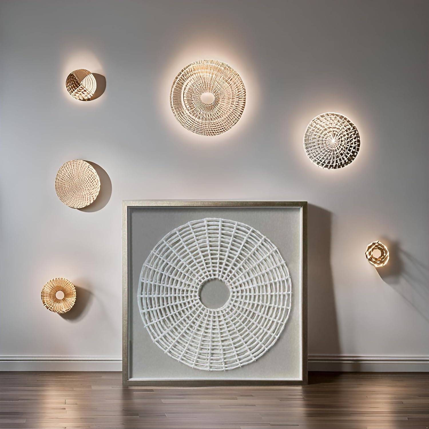 SYGALLERIER Handmade 3D Circle Origami Shadow Box Art - Modern Wall Decor for Livingroom, Bedroom, Dining Room - Abstract Geometric Grid Framed Wall Art - Wood Artwork - Easy to Hang