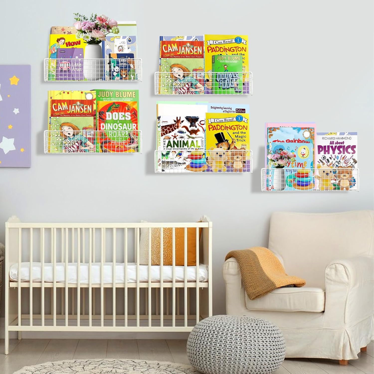 Wall Mounted Metal Kids Bookshelf, Metal Wire Storage Bookshelf, Floating Book Shelves for Kids Room, Metal Hanging Bookshelve Organizer for Room Decor (White, 5 Pack)