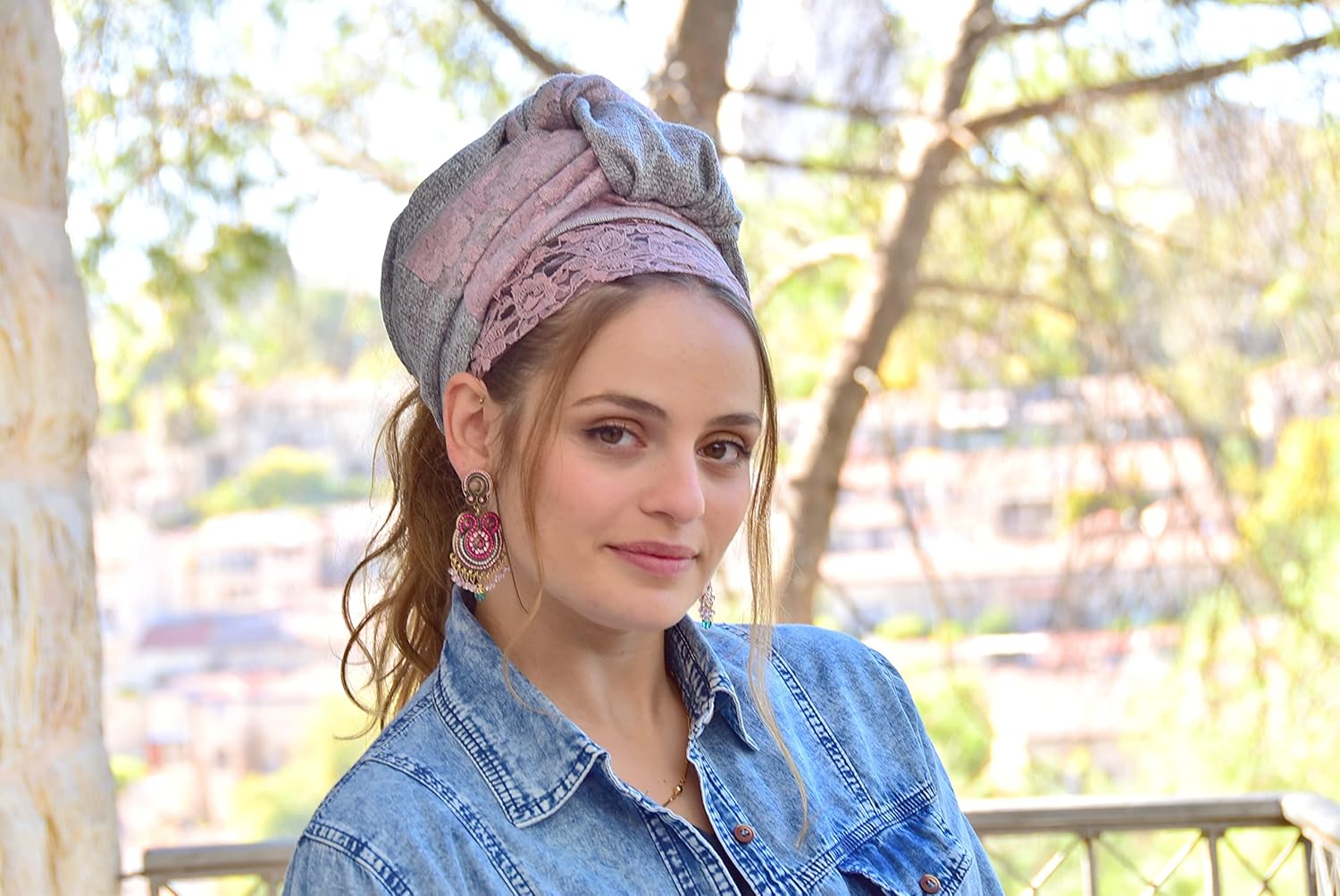 Gray Pink Fiesta Wrap Headband TICHEL, Hair Snood, Chemo Snood, Head Scarf, Head Covering, Jewish Headcovering, Scarf, Bandana, Apron