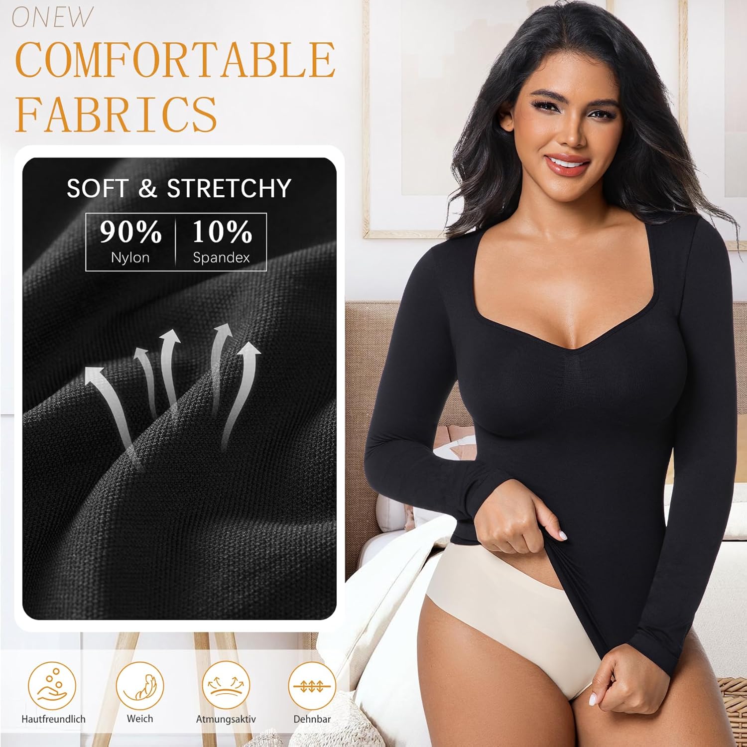 ONEW Shapewear Tummy Control Long Sleeve Shirts For Women Seamless V Neck Compression Shirt Slimming Body Shaper - Image 4
