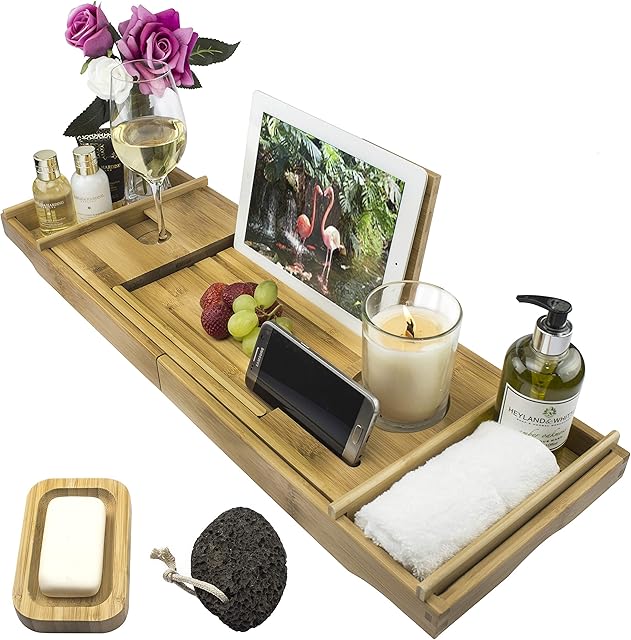 Bamboo Over Bath Bridge Tub Caddy Tray  Wood Bathtub Rack Bath Shelf with Soap Dish and Pumice Stone