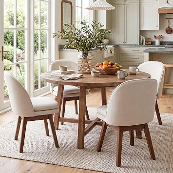 ROCITY Swivel Dining Chairs Set of 4, Beige Linen Kitchen Chairs with Solid Wood Legs, Mid Century Modern Upholstered Dining Room Chair Armless Accent Chair for Kitchen/Restaurant