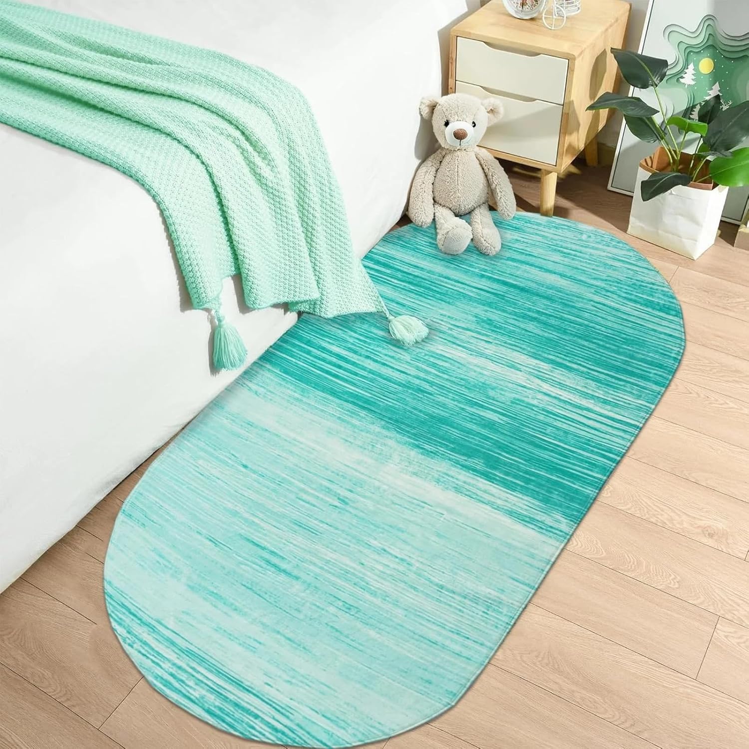 USTIDE Soft Teal Runner Rugs Oval 2'6' x 5'2" Washable Modern Area Rug for Bedside Kitchen Nonslip Laundry Room Runner Rug Abstract Low Pile Floor Runner for Bedroom Doorway Entryway