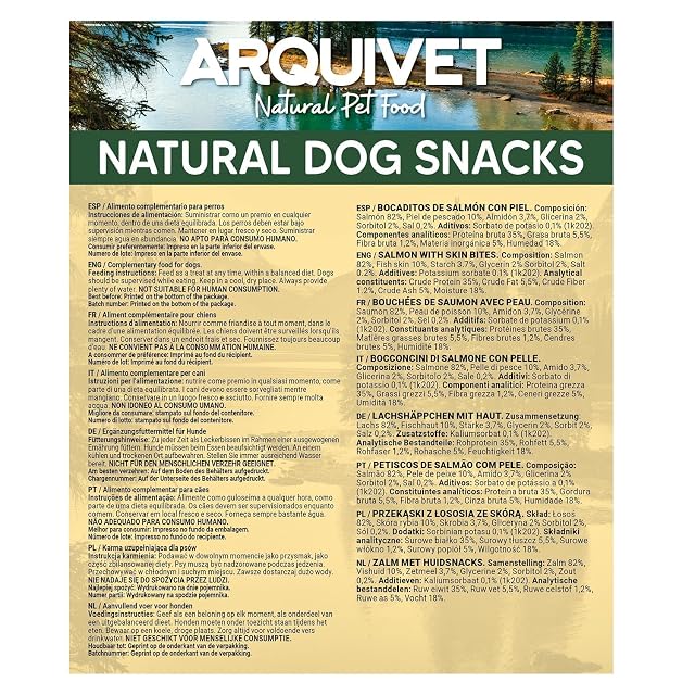 Foto 5 de 5 de Snacks para Perro (Pack de 12) - Bocaditos de salmón con Piel 100gr, Natural Dog Snacks - Arquivet