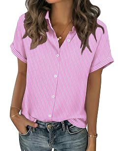 Zeagoo Short Sleeve Summer Tops for Women Casual Button Down Shirts Solid Striped Business Work Blouses