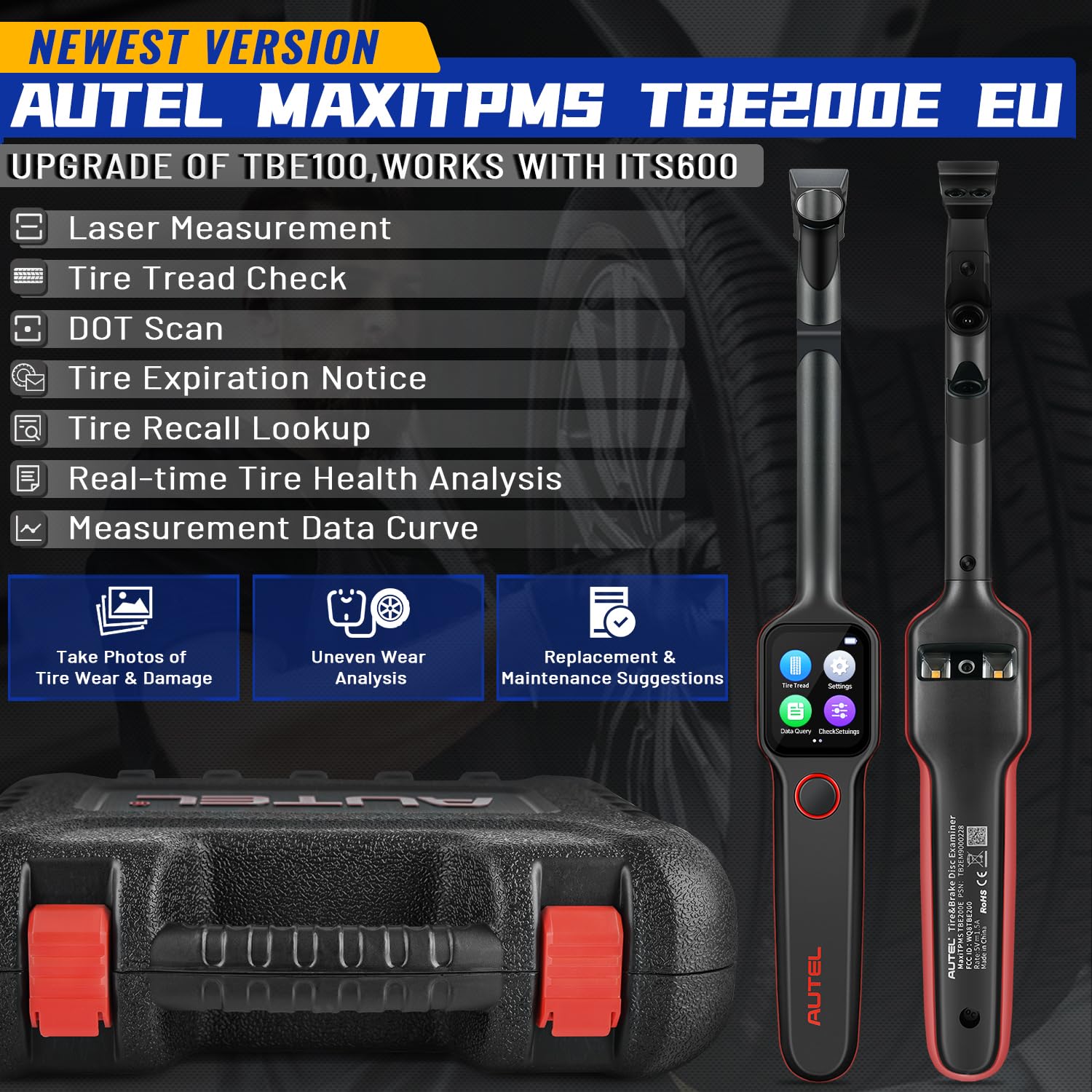Autel MaxiTPMS TBE200E EU Examen Banda Rodadura Neumáticos para Automóviles: Mejor Herramienta Análisis Desgaste Desigual con Láser 2026, Actualización de TBE100, Cámara Dual, Alta Precisión 0.1 mm