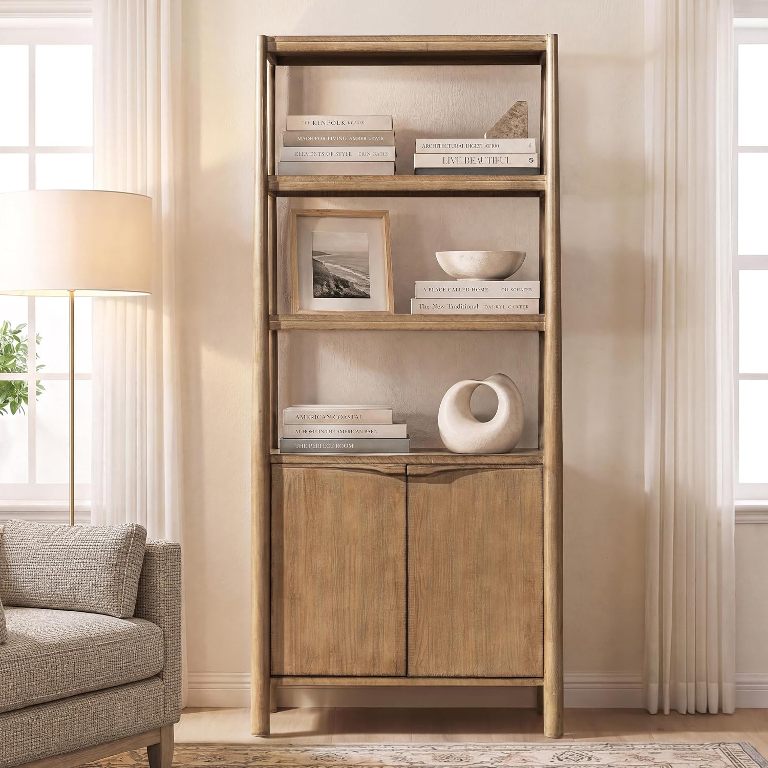 Pemberly Row 86" Reclaimed Wood Bookcase with Lower Cabinet, Natural Pine Finish, Tall Vertical Storage, Open Shelves and Concealed Cabinet, Sustainable Design for Living Room, Home Office, or Bedroom