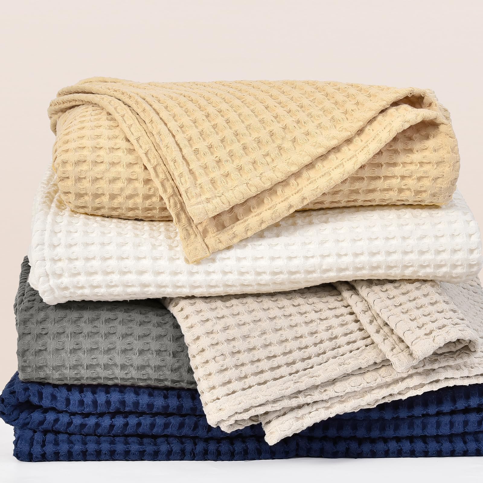 400GSM 100% Washed Cotton Waffle Weave Blanket, Cozy Breathable Skin-Friendly Throw Queen Size for All Season, Luxury Fall Layer Bedspread for Couch Bed, Elegant Home Decor, Navy Blue,90"x90"