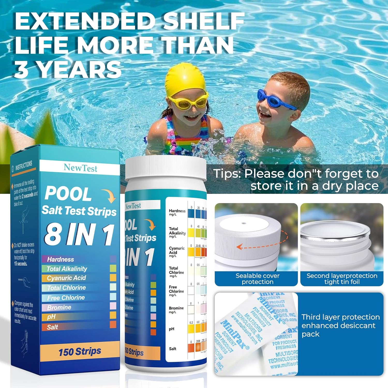 Pool Salt Test Strips: 150CT 8 in 1 Professional Pool Test Strips for Salt Water Pool & Hot Tub & Spa & Swimming Inground Pools - Quick Accurate Results Saltwater Pool Testing Kit