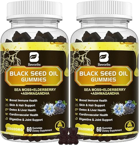 Gomitas de aceite de semilla negra y musgo marino, paquete de 2 gomitas de musgo marino irlandés con aceite de semilla negra, extracto de