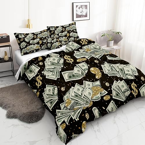 Miniatura 2 de Merryword Juego de funda de edredón de lujo, tamaño King, juego de cama de billetes de dólar, patrón de monedas doradas abstractas, ropa de cama de
