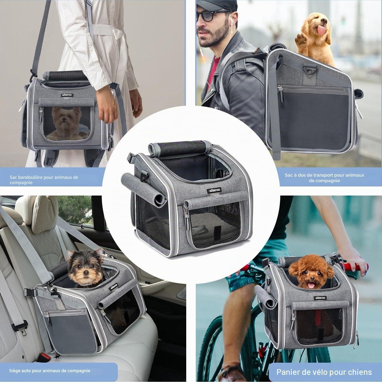 Panier de vélo pour chien, sac à dos de transport souple extensible avec 4 portes ouvertes, 4 fenêtres en maille pour petits chiens, chats, chiots, gris